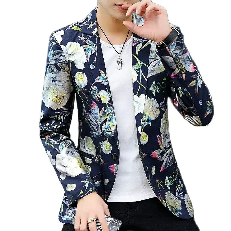 

White Flower Blazer Coat Men Large Size Autumn New Men Suit Jacket Blue Black Jaqueta Male Slim Fit Outerwear Plus Size S-6XL