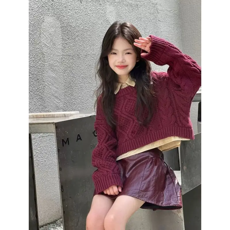 

Girls' Nitted Sweater Spring and Autumn Wear 2025 New Style Big Children's Red Fashion Kids Three Piece Set