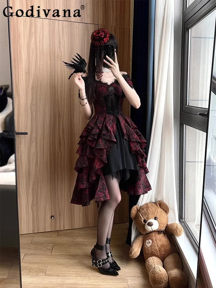 

Sweet and Cool Girl Japanese Original Red Lolita One-word Shoulder Dress Summer New Sweet Short-sleeved Fluffy Princess Dress