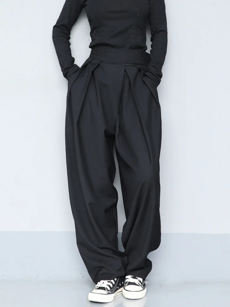 

High Waist Black Brief Pleated Long Wide Leg Trousers New Loose Fit Pants Women Fashion Tide Spring Autumn O023