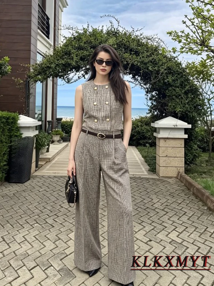 Women Fashion Plaid Sets Sexy O-Neck Double-Breasted Sleeveless Vest+With Belt Wide-Leg Pants Summer Autumn Office New 2 Pieces - view 2