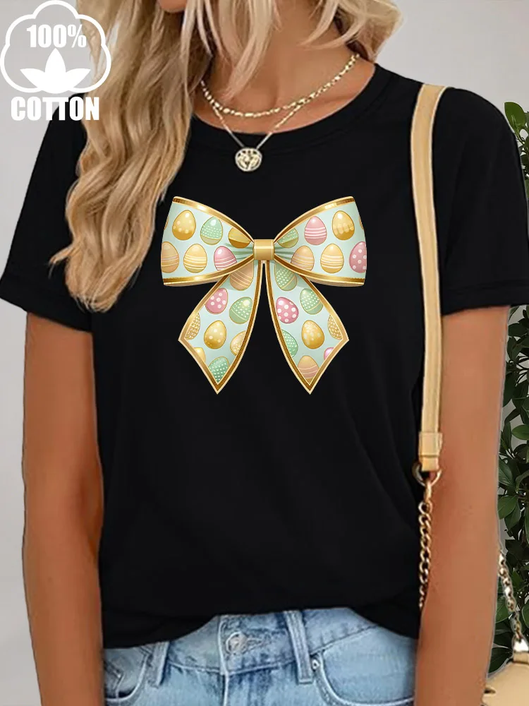 Damska koszulka z grafiką zielonego jajka wielkanocnego, 100% bawełna, okrągły dekolt, krótki rękaw, codzienna, na lato.