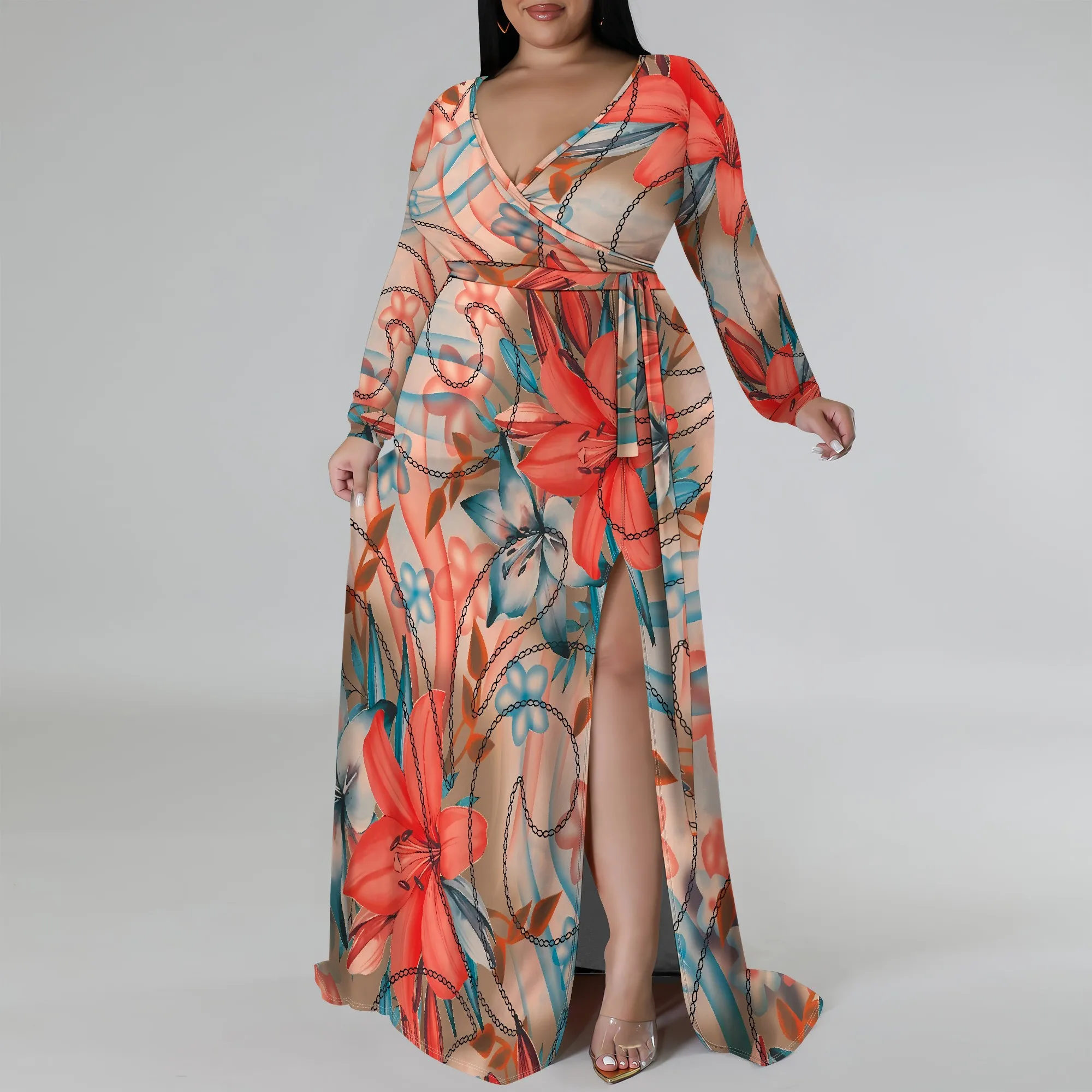 

Nupusa Floral & Chain Print Dress for Women Plus Size Casual Wrap V - Neck Long Sleeve Maxi Dress