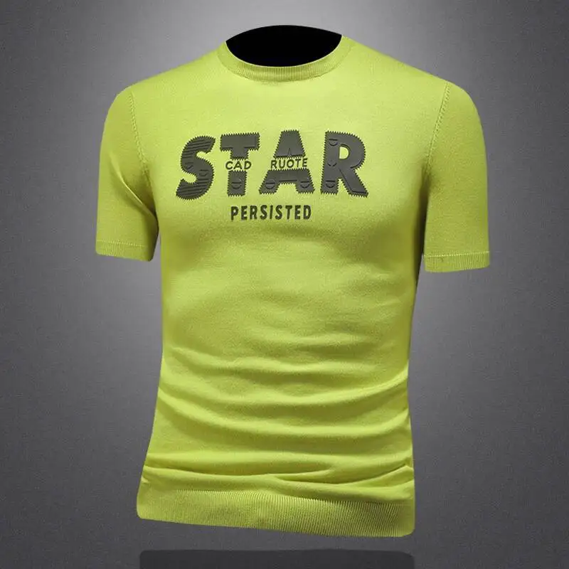 

Streetwear High Quality Letter Print Knitted T-shirt 2025 Autumn Short Sleeve Casual T-Shirt Business Social O-neck Tops Tees