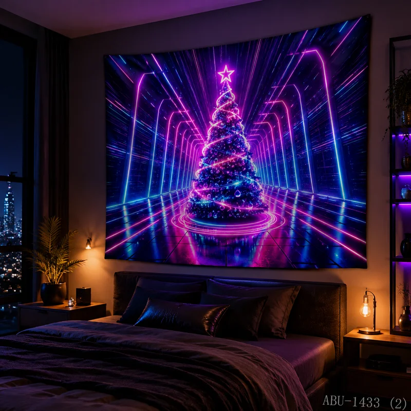 VIKAMA Neon Purple Blue Cyber Tunnel Tree Star Halo Ornament City Grid Christmas Tapestry Wall Hanging Bedroom Living Room Dorm