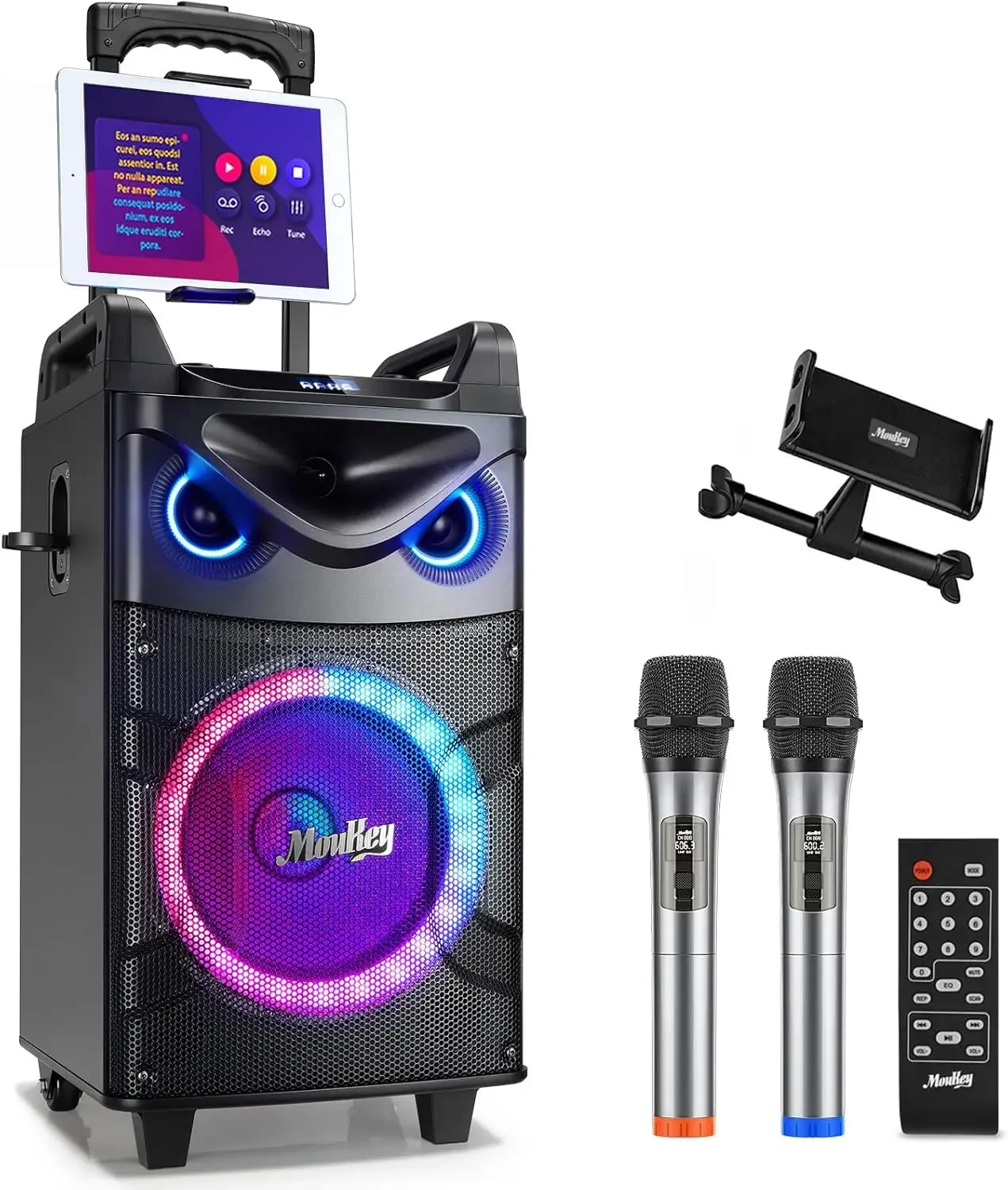 

Karaoke Machine, 10" Woofer Portable PA System, Bluetooth Speaker with 2 Wireless Microphones, Lyrics Display Tablet Holder, Par