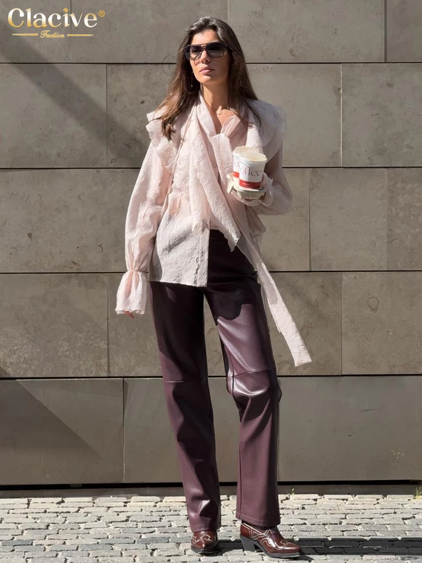 Clacive Casual Loose Pink Women's Shirt 2025 Fashion Lapel Long Sleeve Blouse Elegant Classic Ruffle Lace-Up Top Female Clothing