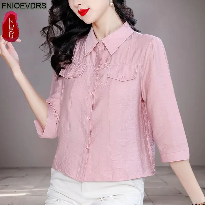 

Office Shirts Basic Wear New Design 2025 Women Elegant Fashion Work Lady Button Pockets Short Cute Tops Pink Blouses