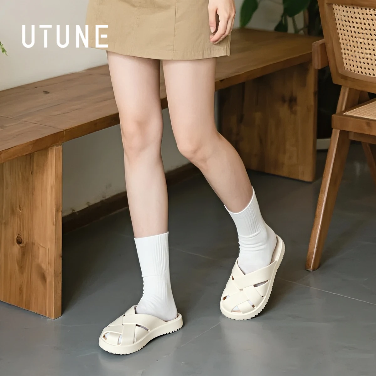 UTUNE women's sandals summer 2025 Lightweight Non-Slip Woven Toe Slippers Soft Platform Open-Toe Outdoor shoes luxury woman