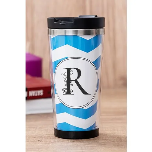 Gift Shop R Letter Floral Blue Thermos Cup