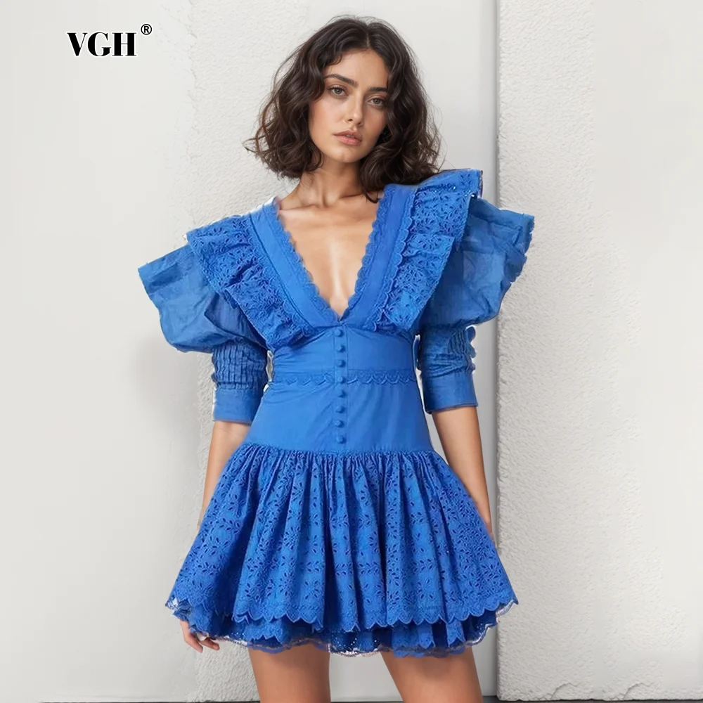 

VGH Casual Soild Dresses For Women V Neck Half Sleeve Patchwork Ruffles Backless High Waist Slimming Mini Dress Female Fashion