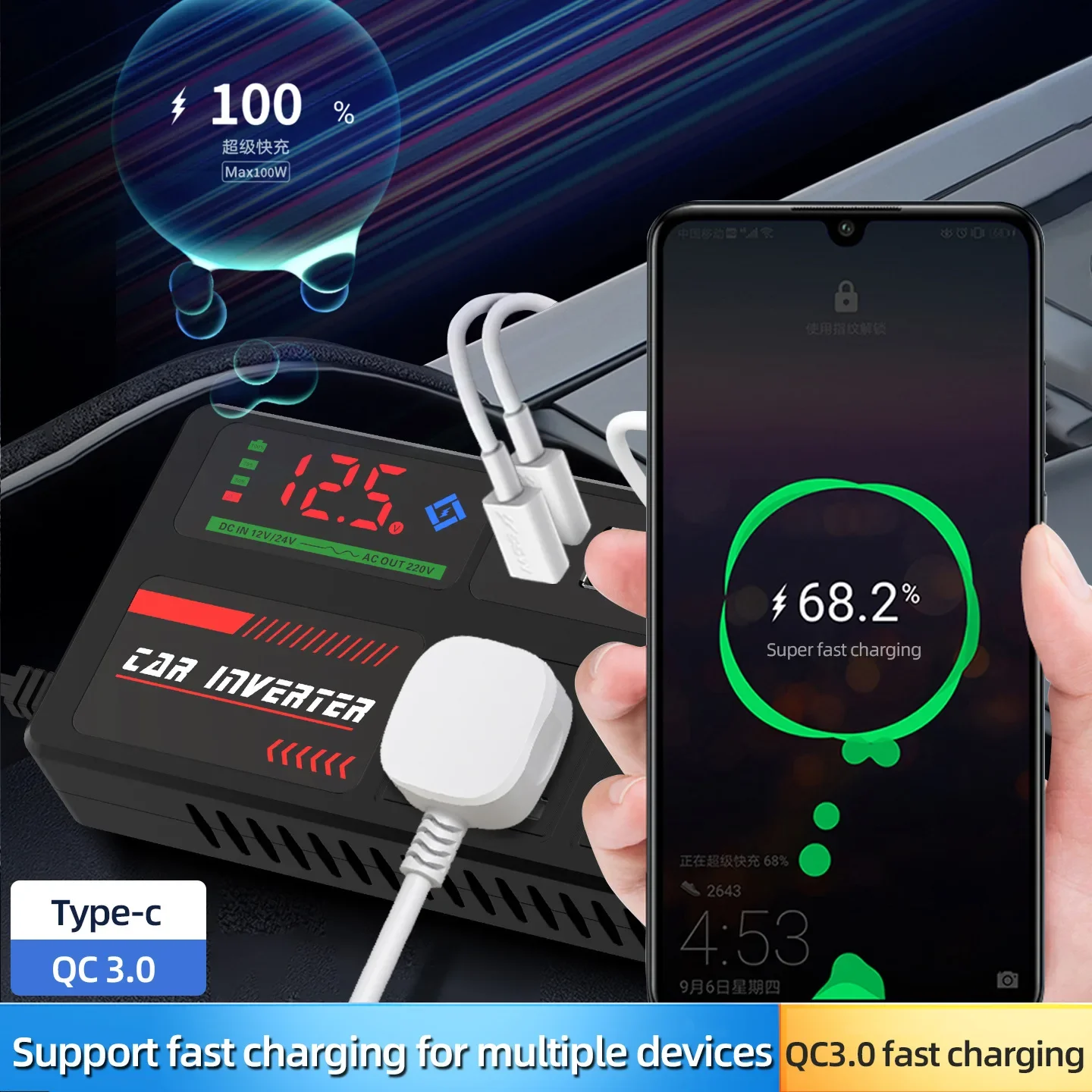 Inversor De Corriente Para Coche 1500W – 12V/24V A 220V, 3 Puertos USB Y Pantalla LED