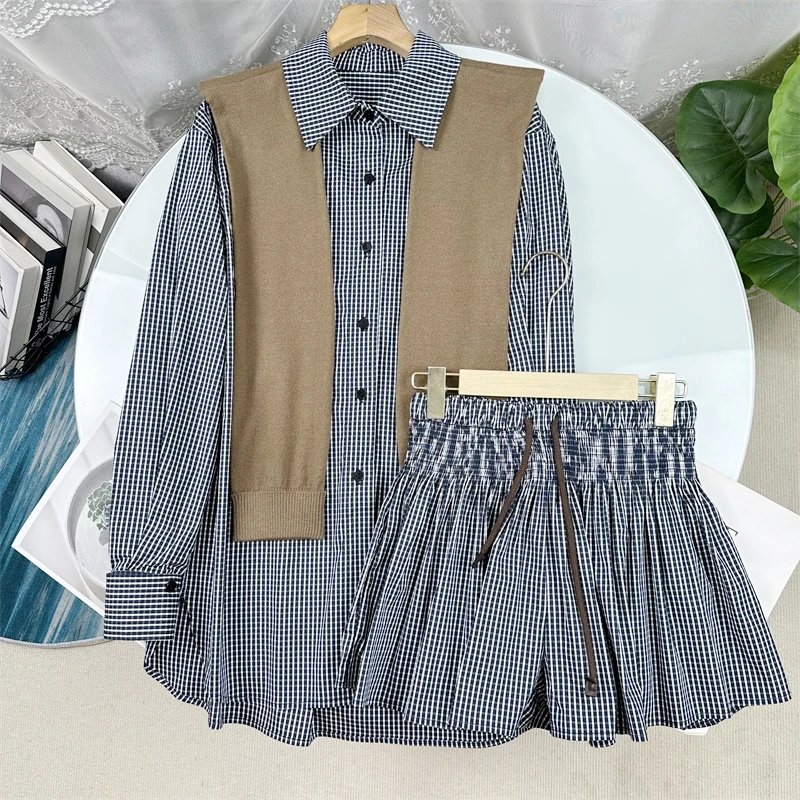 

Highji Knitted Casual Loose Plaid Shirt And Wide Leg Shorts Set Fashionable Ensemble for Women Spring 2025 Collection