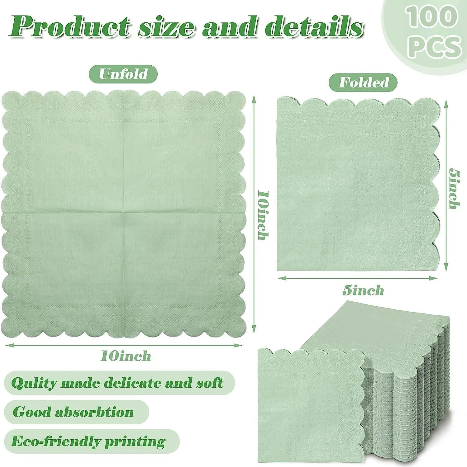 100PCS Cocktail Napkin 2-Ply Scalloped Edged Disposable Dessert Napkins Sage Green for Xmas Wedding Baby Shower Birthday Party