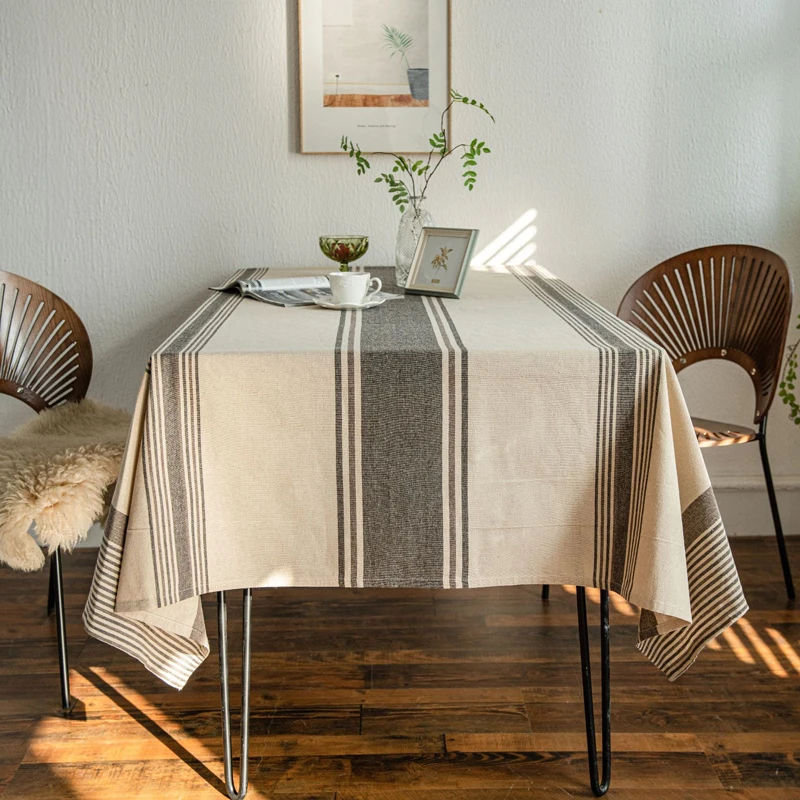 

Boho Cotton Linen Tablecloth Coffee Dining Table Cover Rustic Washable Striped Round Tablecloth for Kitchen Christmas Party Home