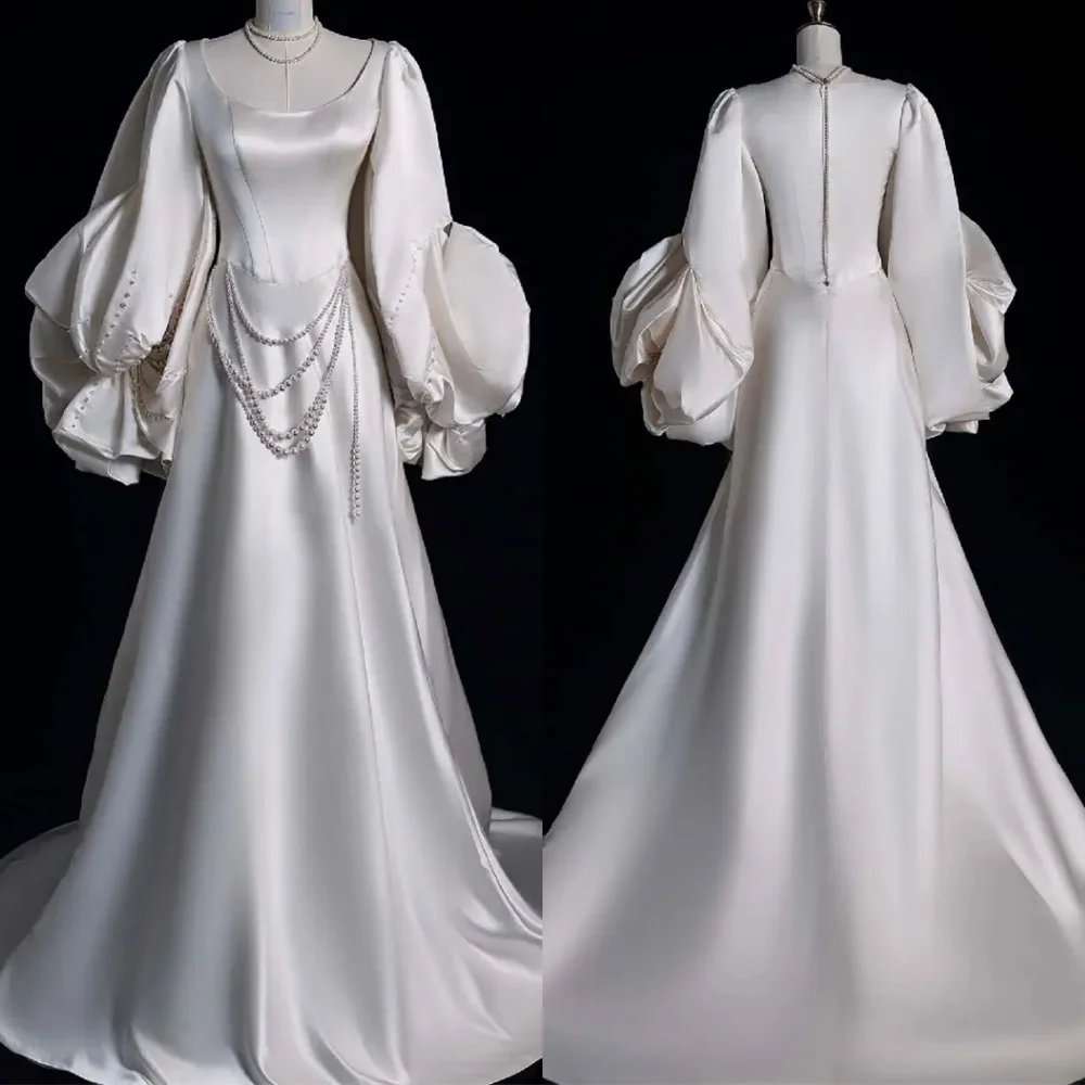 

Customized Classic White Satin Evening Dress Delicate Scoop Puff Sleeves Long Sleeves Zipper Back Pearls Special Occasion Gowns