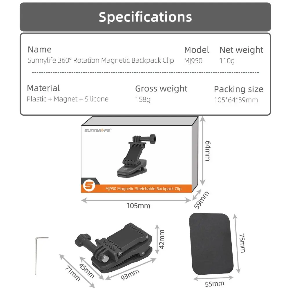 Magnetic Action Camera Backpack Mount Foldable Stretchable Backpack Clip Clamp 360 Rotatable for DJI Action 5/4/Pocket3/Insta360