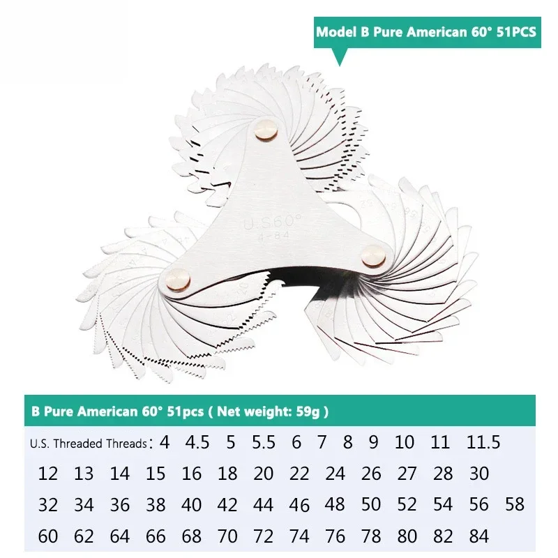 52/58PCS Thread Plug Gauge 55/60 Degree Metric Inch Gear Tooth Screw Pitch Gauges Measurement Steel Thread Gage Measuring Tools