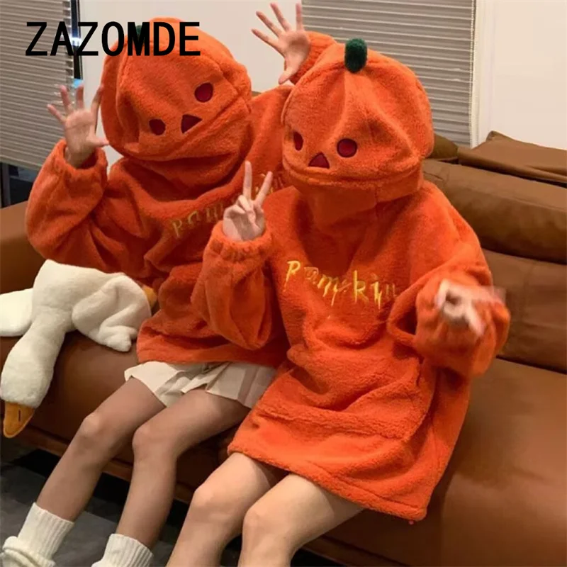 

ZAZOMDE 2024 Autumn Pumpkin Hoodies Halloween Party Pumpkin Head Lamb Fleece Hooded Sweatshirt Embroidery Thicken Streetwear