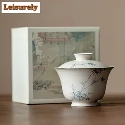 150ml Powder Yin White Pottery Gaiwan Japanese Handpainted Ink Bamboo Tea Tureen Tea Maker Cover Bowl Lid Kit for Tea Collection