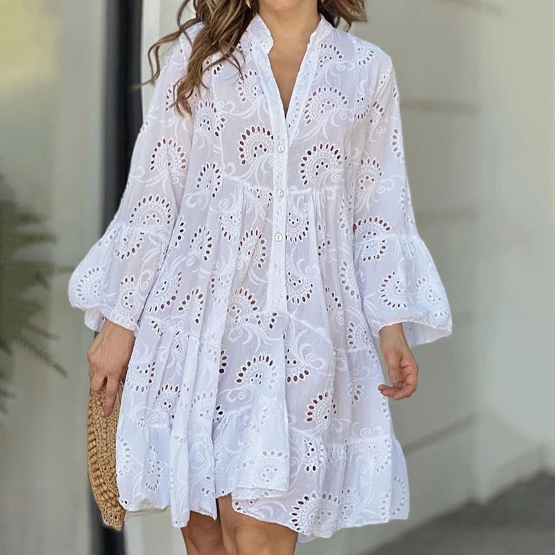 

Summer Elegant Vintage Solid Lace Dress V-neck Loose Hollow Out Pattern Embroidery Vestidos Women Beach Sexy Mini White Dresses