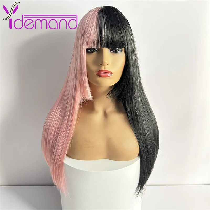 Y Demand Synthetic Wigs Long Straight Wig With Bangs For Women Natural Cosplay Pink Mix Black Heat Resistant Hair