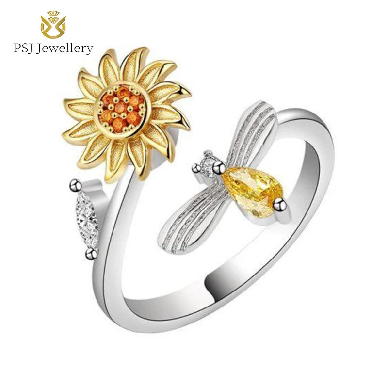 

PSJ Fashion Trendy Jewelry Rotatable Sunflower Design Platinum Plated Adjustable 925 Sterling Silver Rings for Women Girls