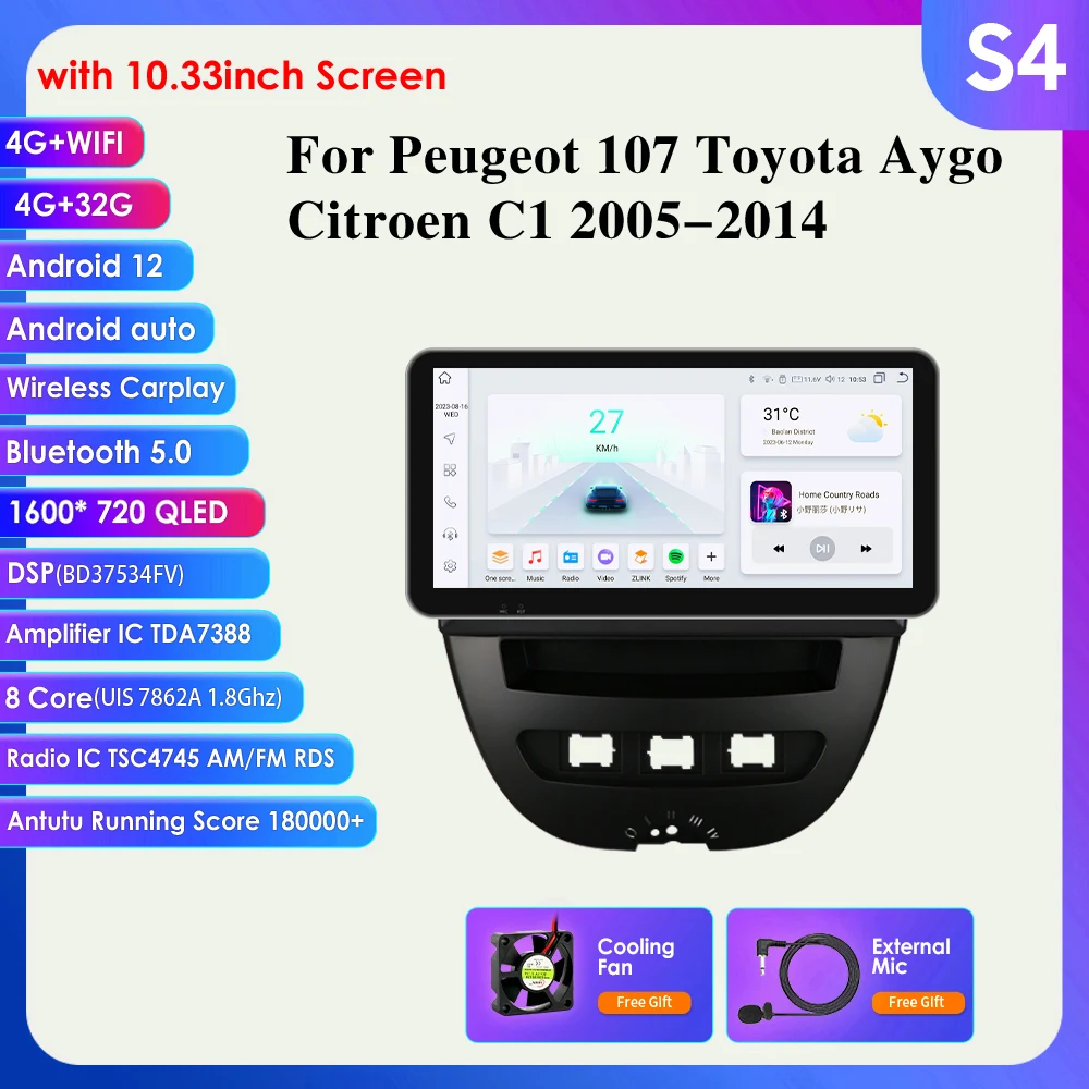 10.1 ''10.33'' 2din Autoradio Android Voor Peugeot 107 2005 - 2014 Citroen C1 Toyota Aygo Multimedia Videospeler Carplay 4G Gps