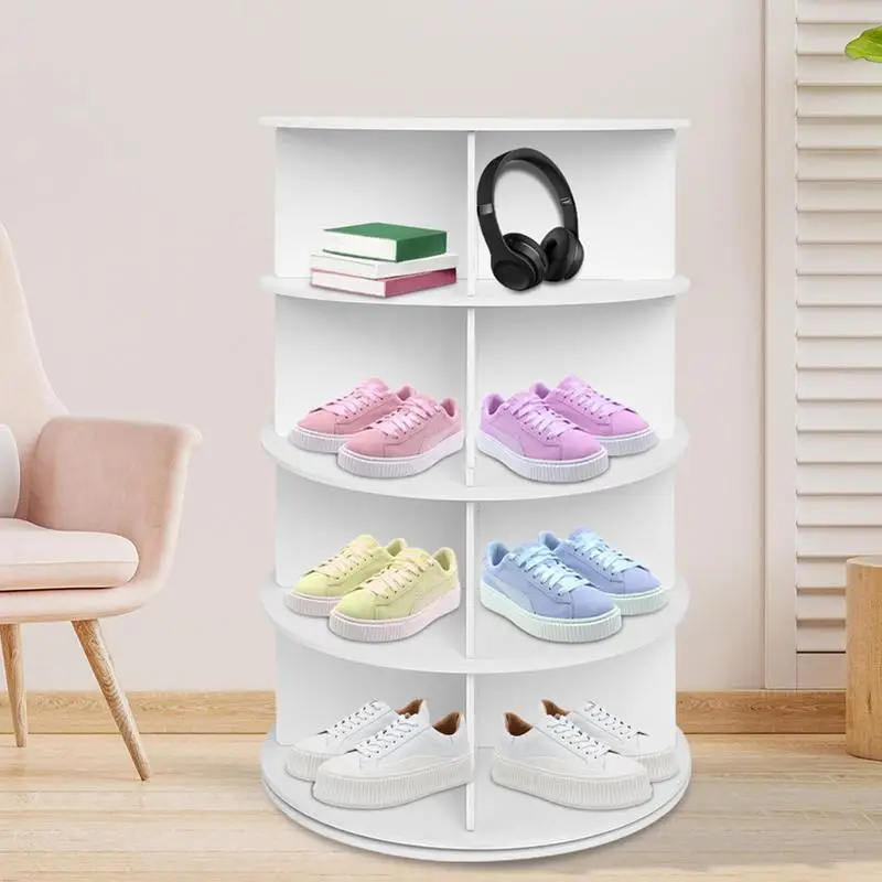 Corner Shoe Rack Tower Freestanding 4 Tier Round Sneaker Storage Rack 360 Degrees Revolving White Shoe Carousel Organizer For