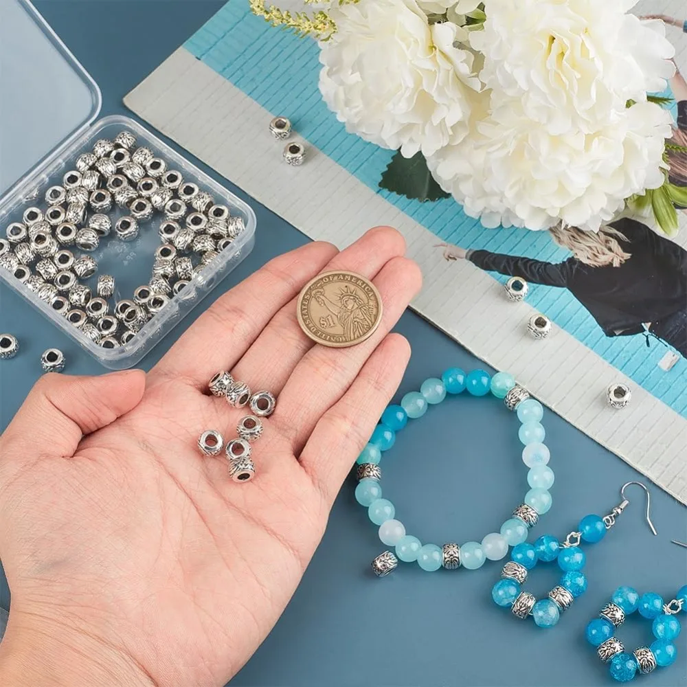 1 صندوق 150 قطعة 3.5 مللي متر ثقب كبير خزر عازل 8 مللي متر الفضة الأوروبية Rondelle حبة السائبة العتيقة عمود معدني برميل حلية صنع عدة #3