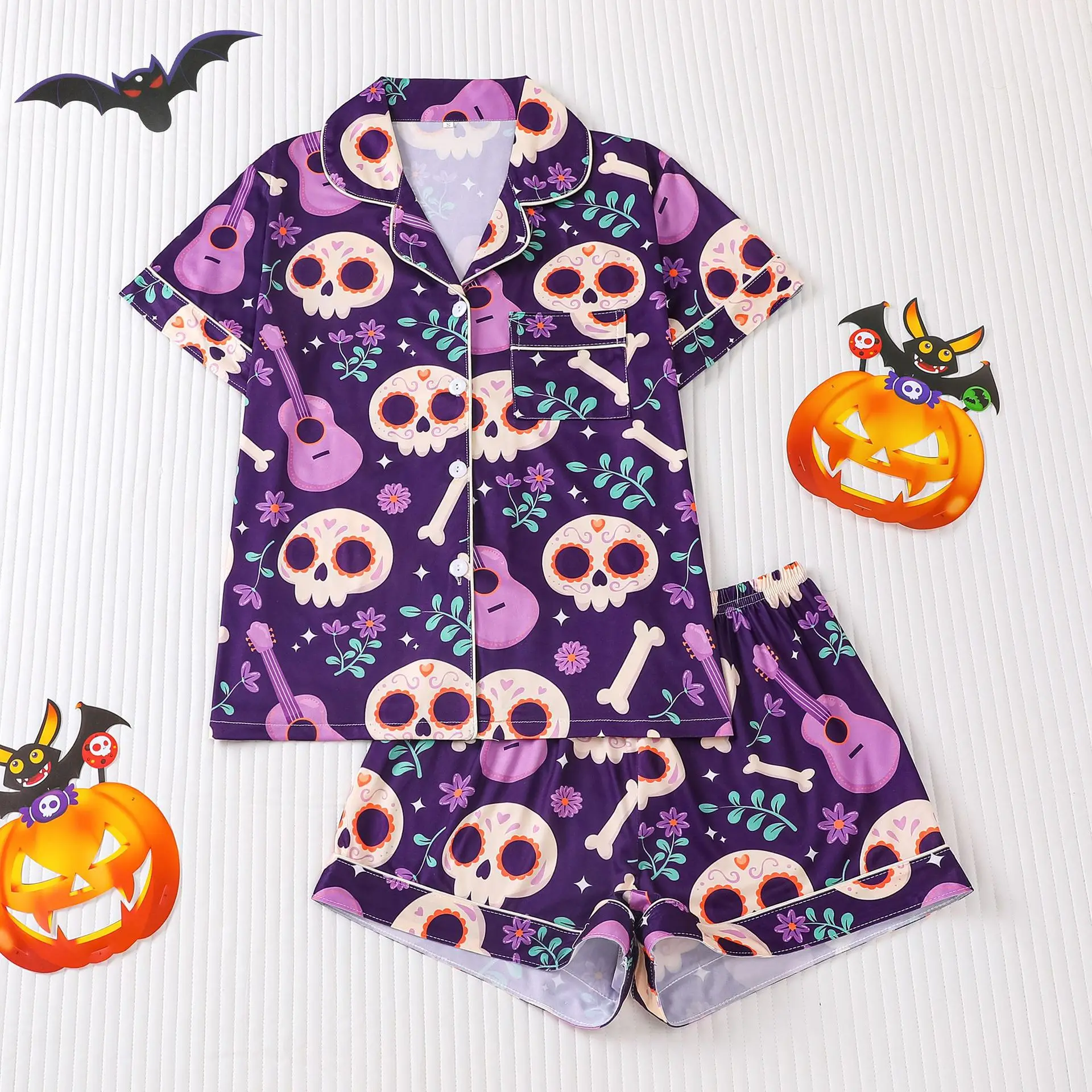 2Pcs Women's Cartoon Pumpkin Halloween Pajamas Funny Print Female Girls Sleepwear Party Short Sleeved Top Shorts Nightshirt Set
