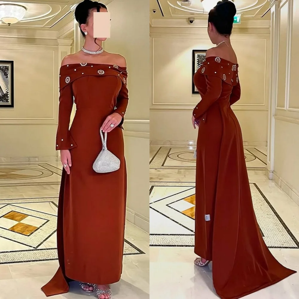 

Customized Modern audurn Jersey Evening Dress Classic Strapless Off the Shoulder Long Sleeves Zipper Back Special Occasion Gowns