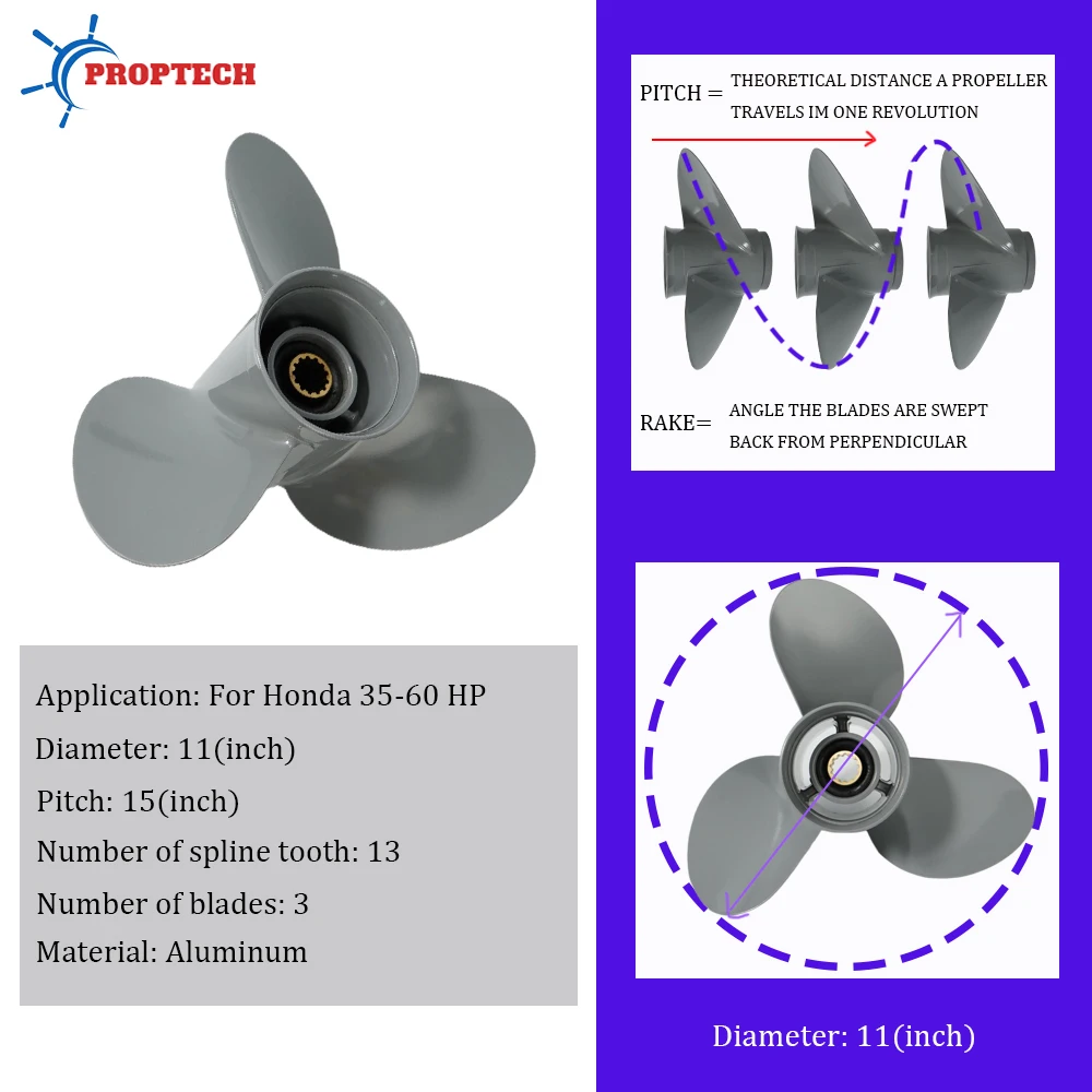Outboard Propeller 11X15 For Honda 35hp 40hp 45hp 50hp 55hp 60hp Engine Motor Aluminum Screw 3 Blade 13 Spline Marine Part 11*15