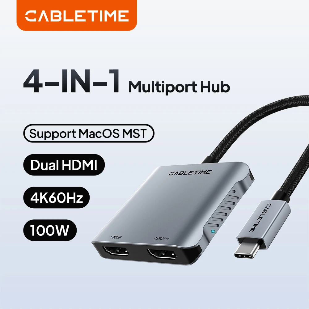 cabletime-usb-c-ハブ-4-in-1-mst、4k60hz、5gbps、pd100w対応、macosデュアルスクリーンディスプレイ対応、macコンピューターディスプレイ画面ドック