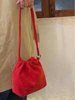 Women Red Suede Drawstring Bucket Bag New Style Korean Simple Versatile Commuter Single Shoulder Crossbody Bag Solicd Color