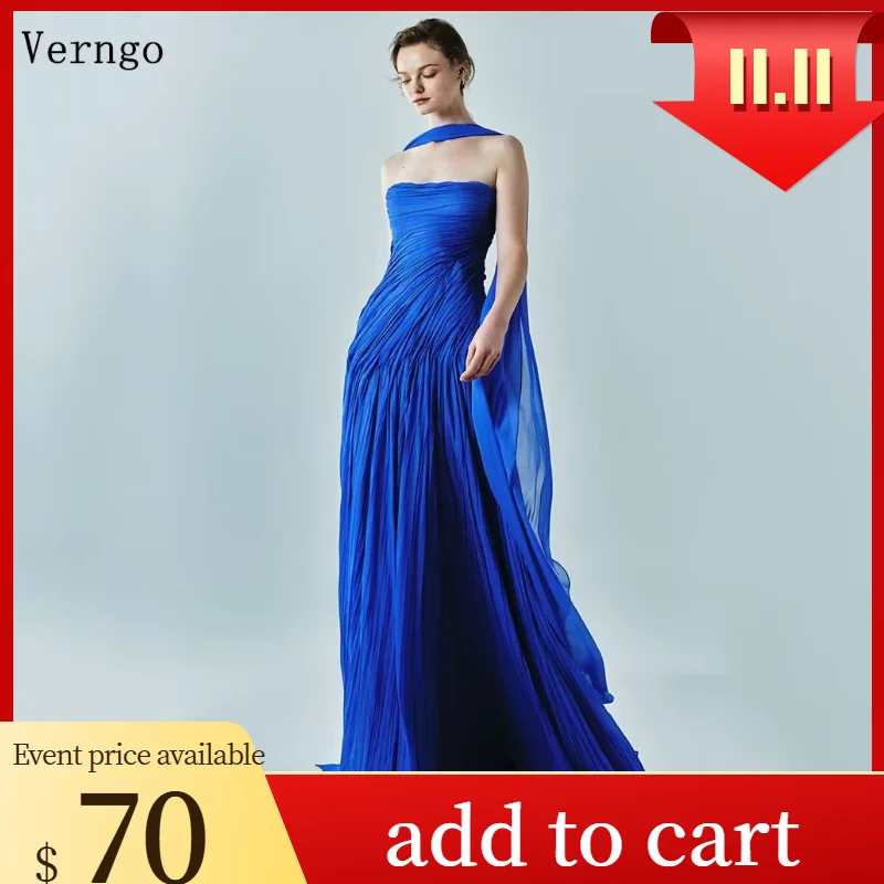 

Verngo Royal Blue Evening Dress Elegant Strapless A Line Prom Dress Flowing Hand-pleated Silk Prom Party Dress Customized