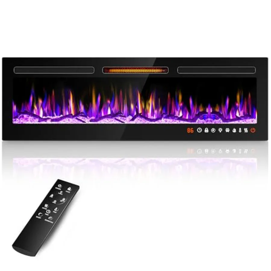 

60-дюймовый электрический каминный обогреватель с современным дизайном, черной рамкой, реалистичным эффектом пламени и энергоэффективным нагревом для гостиной Ro