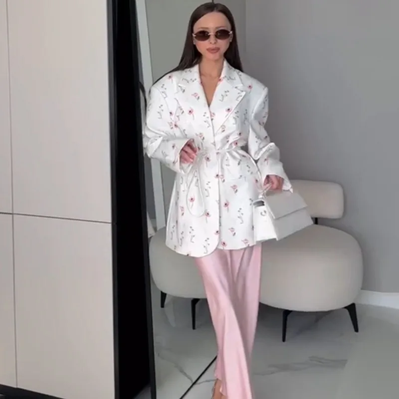 Tuularose 女性プリントブレザーファッションルーズカジュアルコントラストプリントレースアップジャケットトップス新しい通勤ハイストリート女性コート