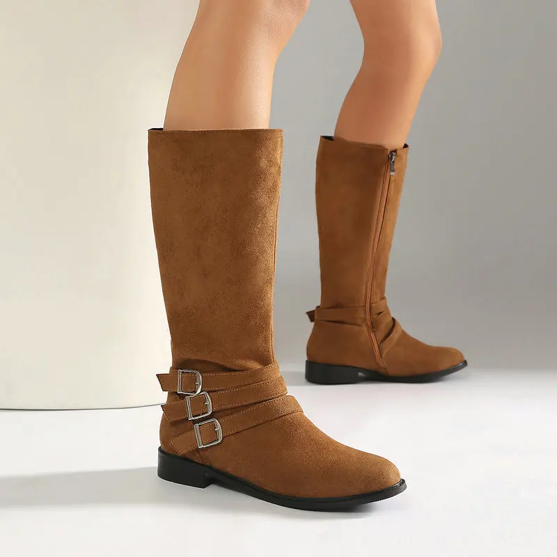 Women Faux Suede Knee High Boots Flat Low Heel Side Zipper Multi Buckle Strap Western Cowboy Thigh High Booties Plus Size