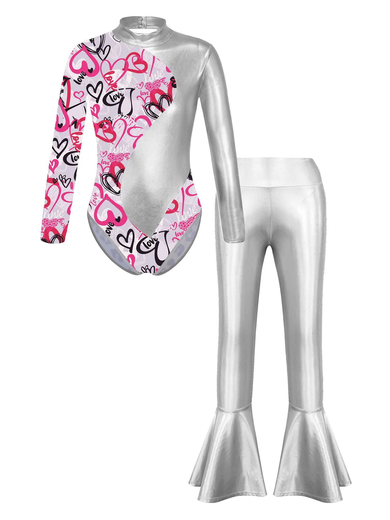 Fashion Kids Girls Long Sleeve Back Cutout Printed Patchwork Leotard with Elastic Waistband Bell-bottoms for Gymnastics Fitness