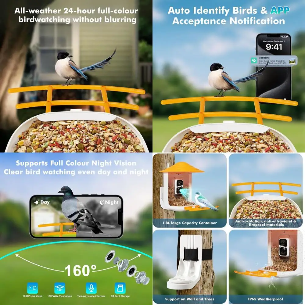 

Smart Bird Feeder with Camera - Automatic Capture and Intelligent Recognition, Two-Way Voice Notifications, Solar Powered, 1080P