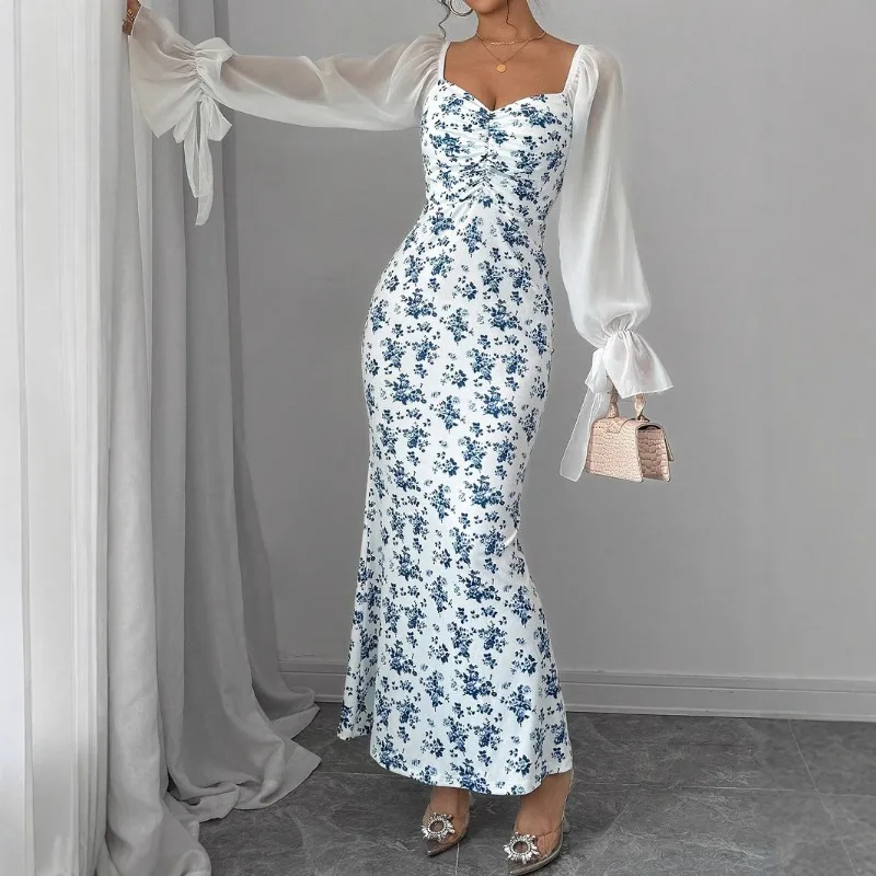 فستان نسائي بأكمام طويلة ورقبة على شكل حرف V من الشيفون المرقعة محبوك ومطبوع معانقة الورك تنورة طويلة