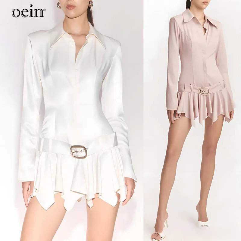 [oein] Thai Niche Design Sense 2024 Early New Light Luxury Texture Irregular Umbrella Tail Hem Shirt Style Dress