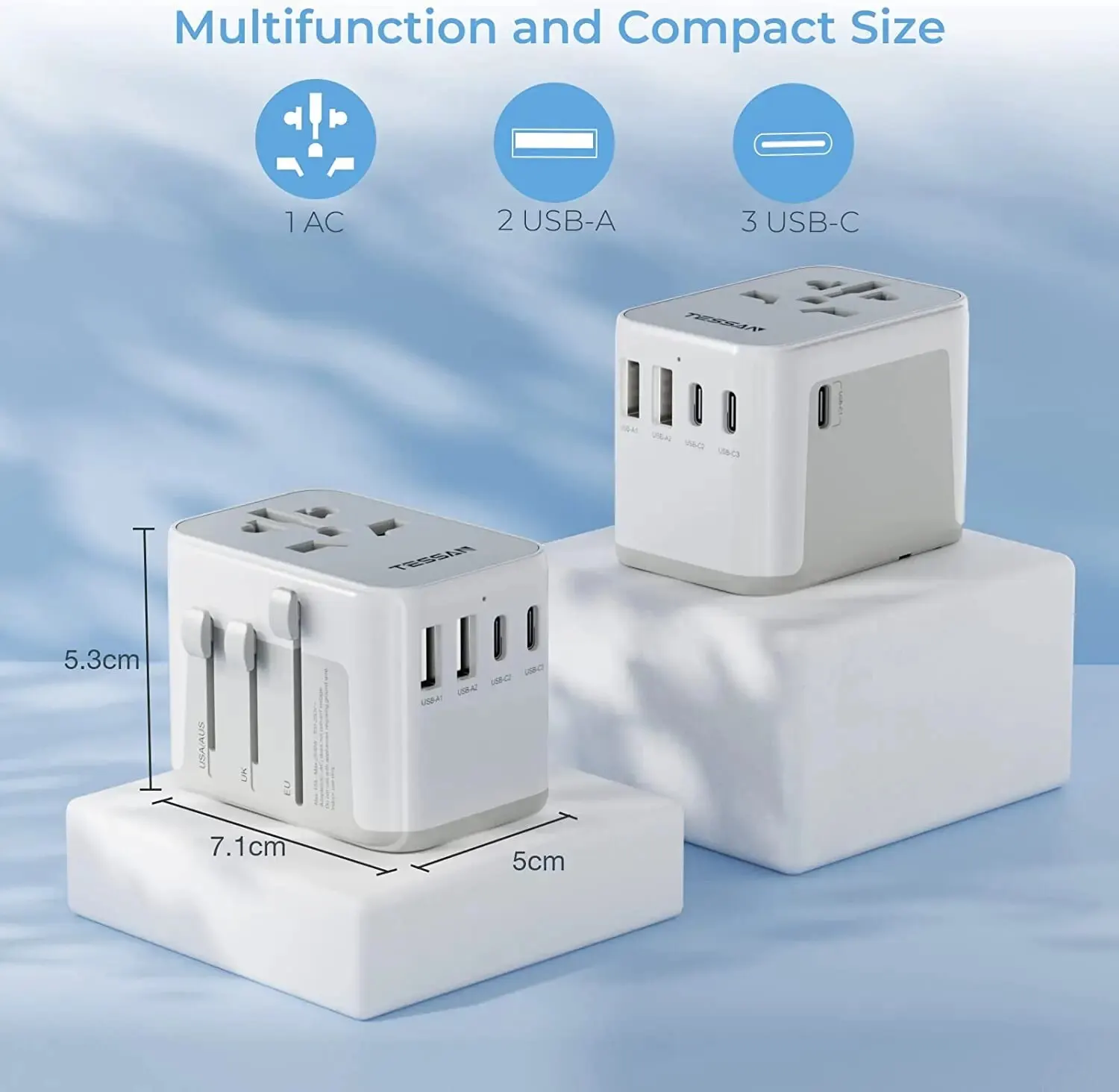 TESSAN Universal Adapter with 2 USB Ports & 3 Type C International Plug All-in-one Wall Charger for US EU UK AUS Travel