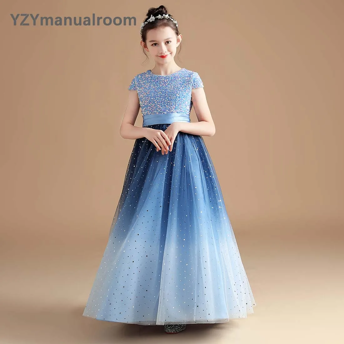 

Gradient Color Sequin Short Sleeves Long Tulle Formal Dress For Girls Elegant Pleated Junior Bridesmaid Dresses Birthday Party