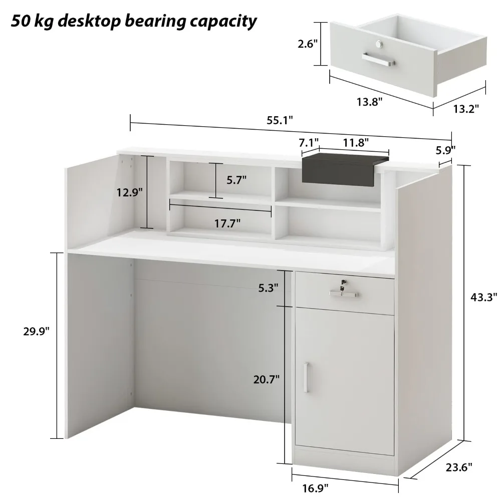 Reception Counter Desk with Adjustable Shelf & Lockable Drawersfor Salon Reception Room Checkout Office, White (55.1