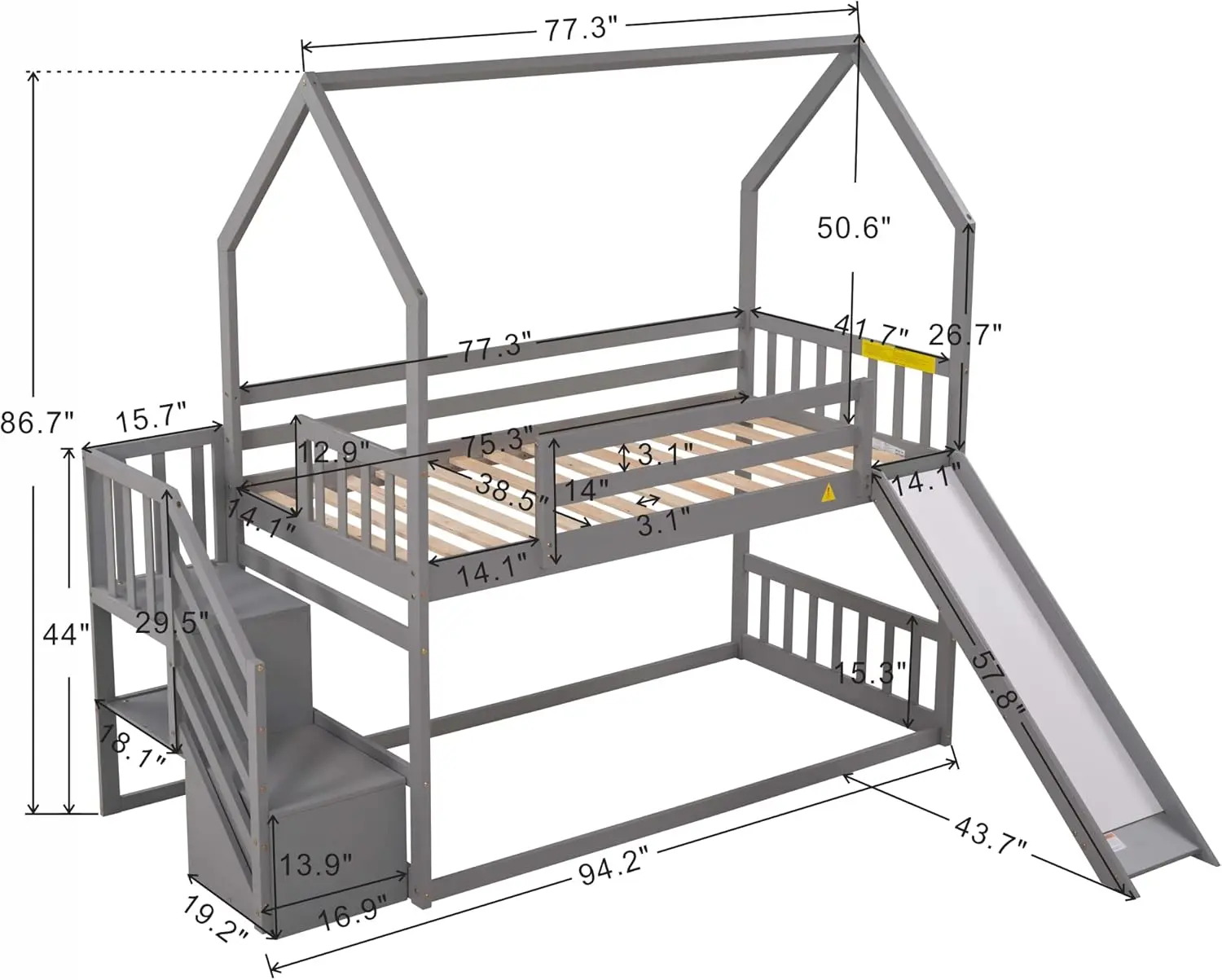 Twin Over Twin House Shaped Bunk Bed With Convertible Slide And Storage Stairs, Storage Staircase Can Be Placed Left Or Right,