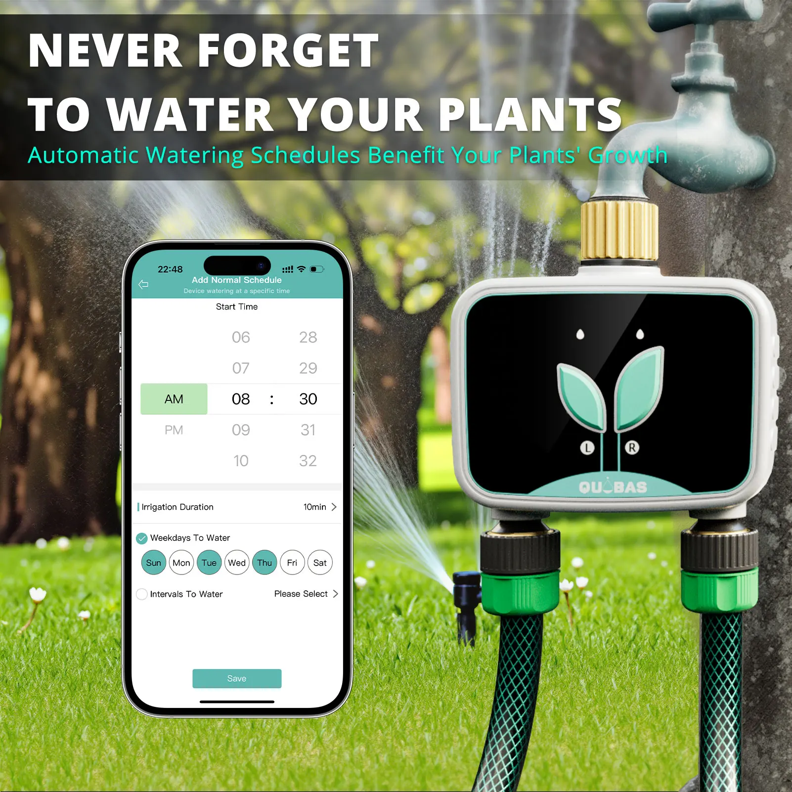 

2-Zone Smart Water Timer for Garden Hose with APP Remote Control, Manual Watering, Rain Delay Watering, for Lawn, Garden