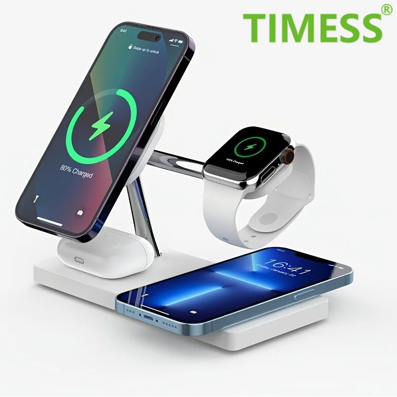 4 in 1 Magnetic Wireless Charging Station with night light lamp. Dual 15W design, two phones can enter fast charging mode