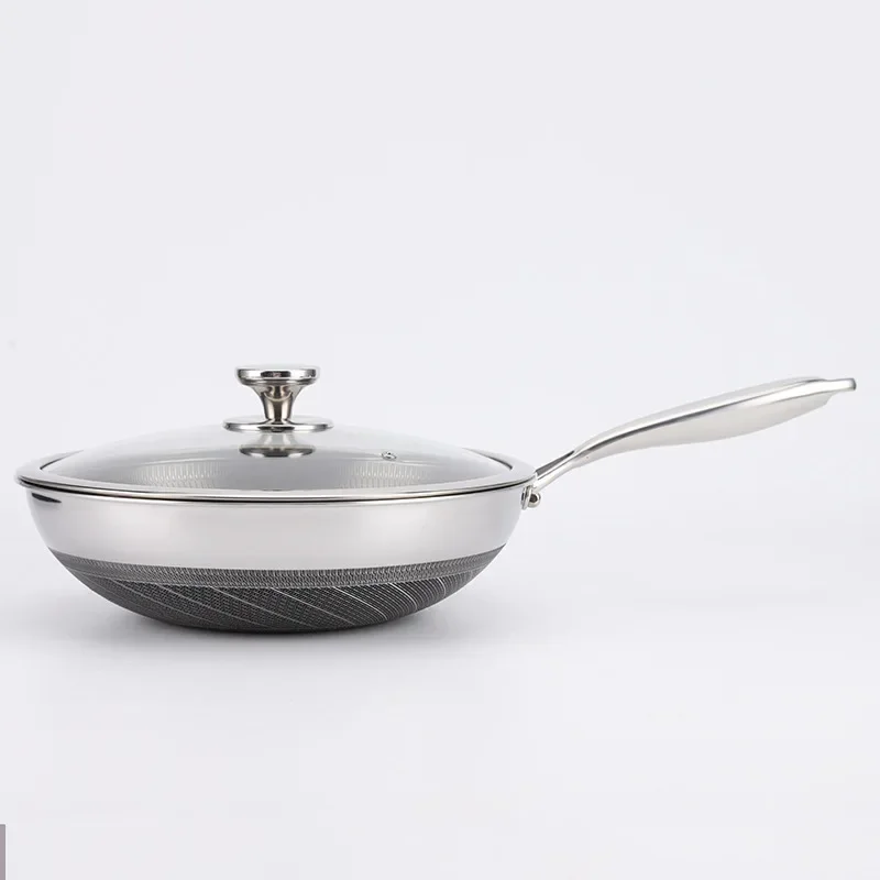 

HYS stainless steel double-sided honeycomb wok household cooking pan three-layer steel no oil fume non-stick pan wholesale